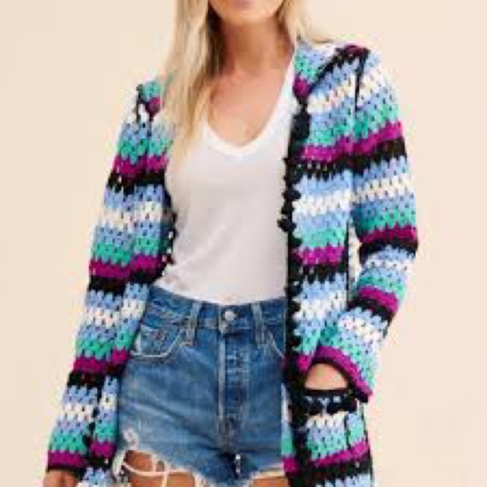 New with tag. Free the Roses Crochet Hooded longCardigan in Blue, Teal & Purple